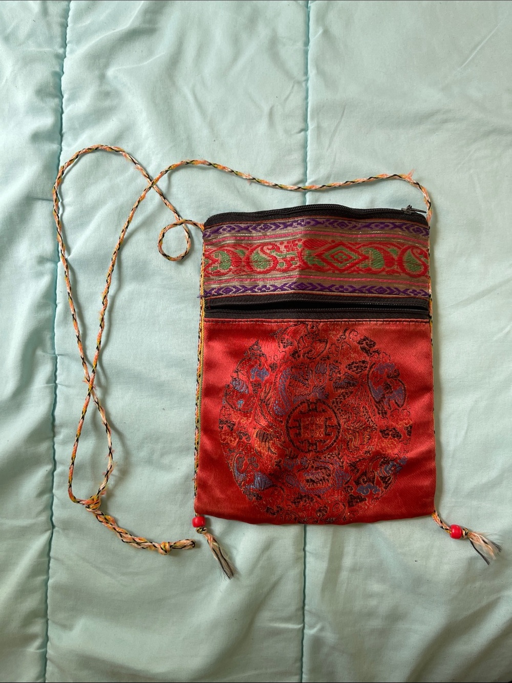 Embroidered Red Silk Crossbody Pouch